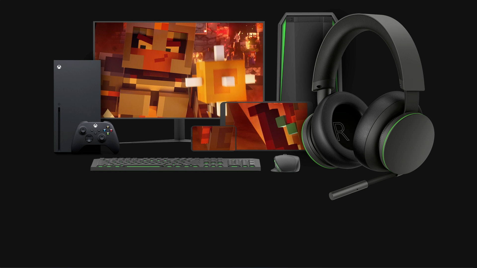 The Xbox Stereo Headset sits in front of a selection of devices it is compatible with, including the Xbox Series X, Windows PC and a mobile device.