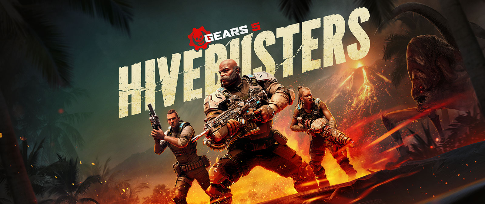 Gears 5 Hivebusters, три персонажа из Gears 5, стоящие с оружием в руках напротив вулкана