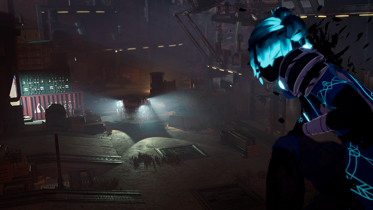 Ayana sitzt hoch oben und beobachtet drei Wachroboter, die in einer Werft patrouillieren.