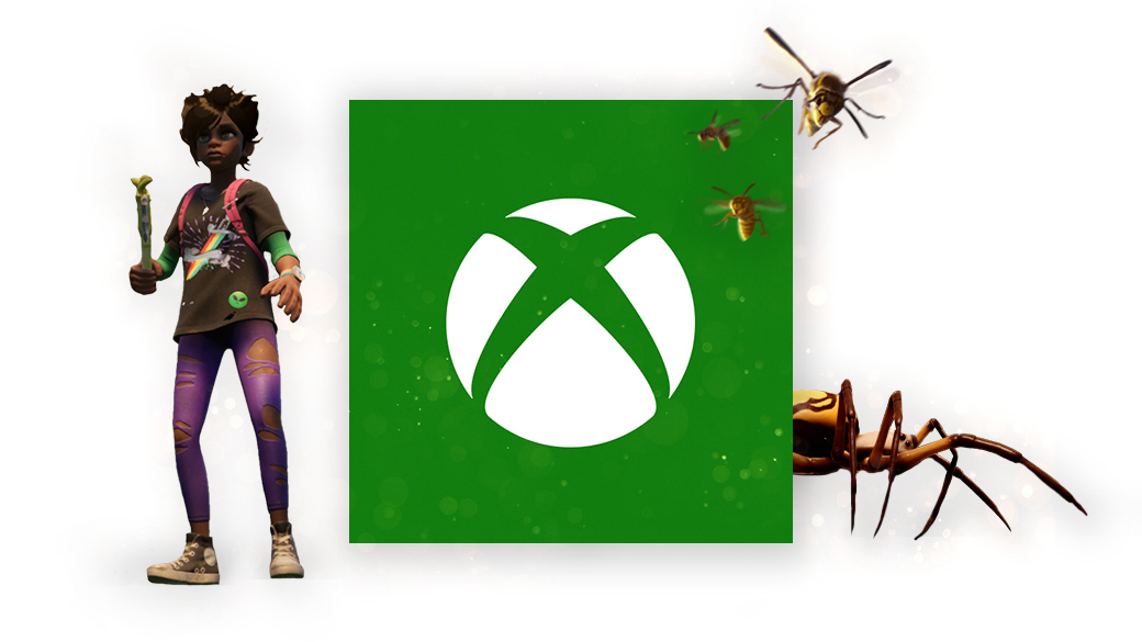 Un personaje e insectos de Grounded rodean un recuadro verde con un logotipo de Xbox blanco.