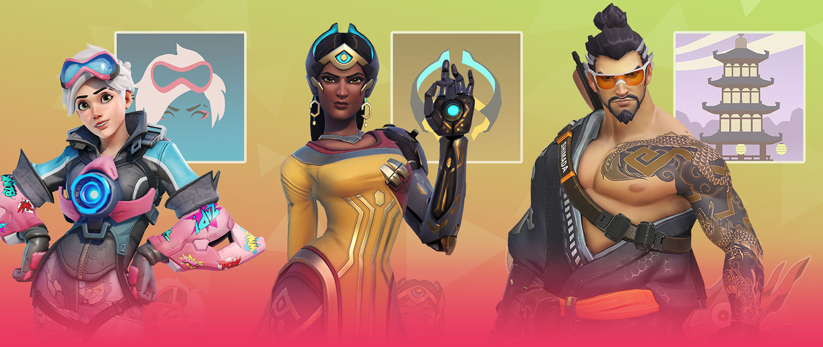 Tracer, Symmetra, and Hanzo pose together showing off new remixed skins.