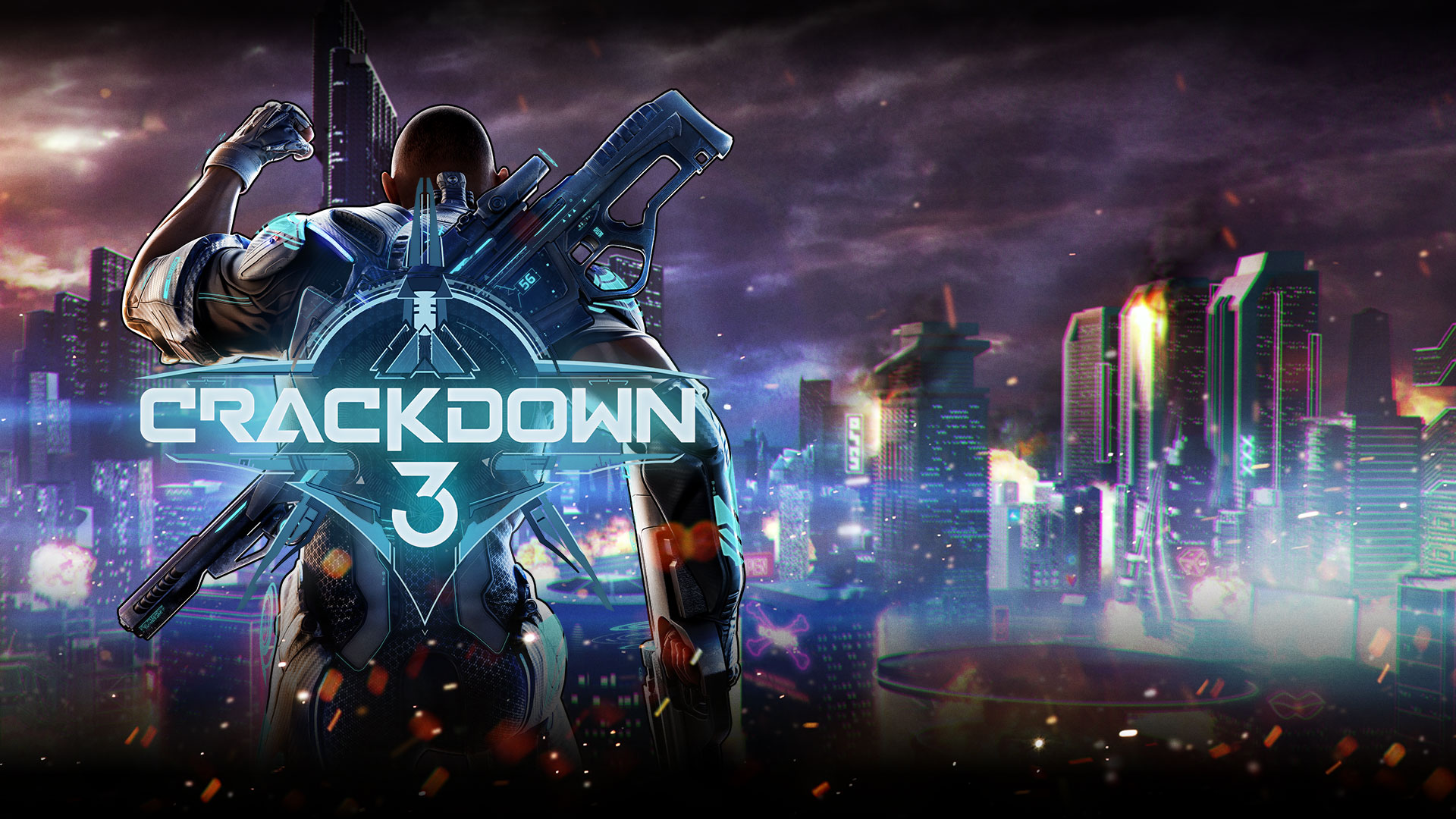 Crackdown 3, comandante Jaxon elevando seu punho sobre uma cena urbana.