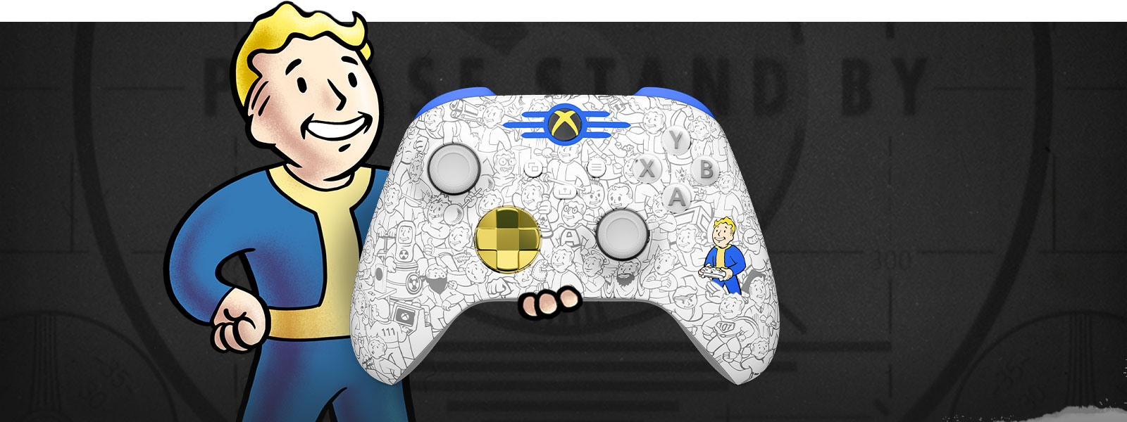Vault Boy sostiene un Mando inalámbrico Xbox: Fallout Edition en la palma. Detrás de él, se ve una pantalla con el mensaje 'PLEASE STAND BY'.