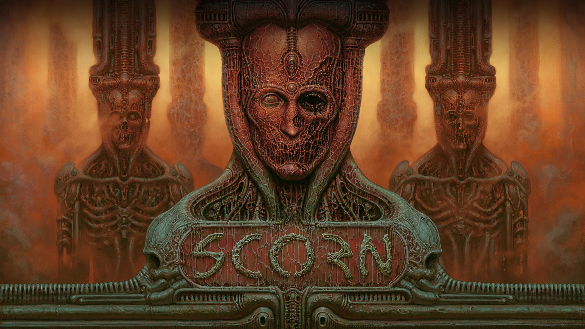 Scorn, A legion of copper pillars sculpted in the shape of skeletons decay.