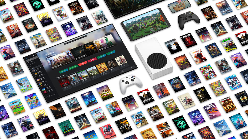 An array of box shots surrounding a TV, Xbox Series S and a tablet.