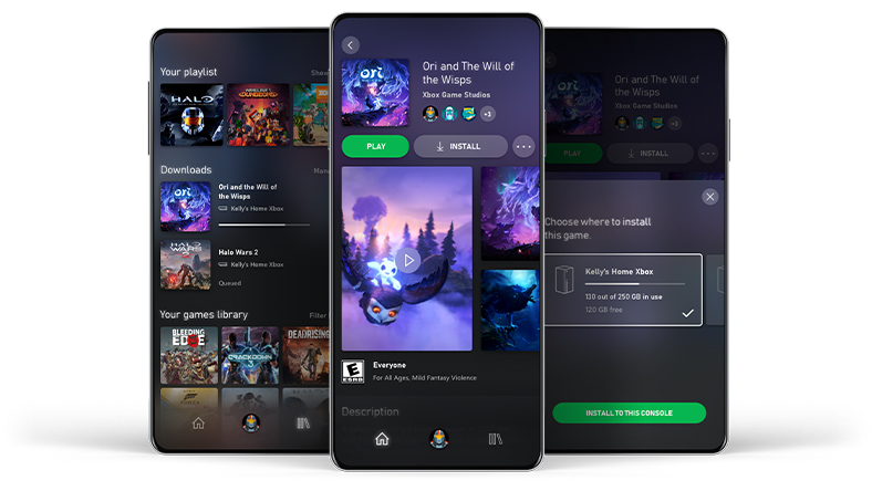 Tres celulares que muestran ejemplos de la interfaz de usuario de la app móvil Xbox Game Pass