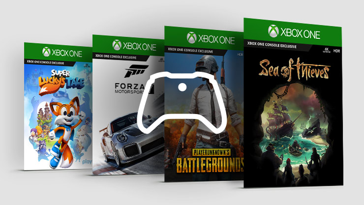 四个 Xbox 游戏包装盒和控制器图标