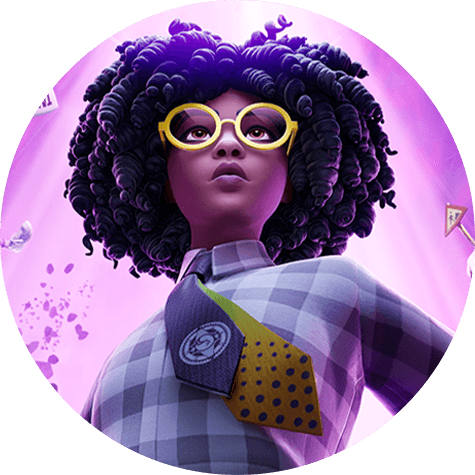 Fortnite. A woman in yellow glasses and a checked shirt looks on as a purple tractor beam pulls debris into the sky behind her.