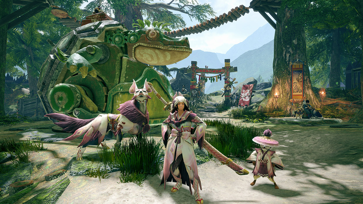 Un trio di guerrieri dall'aria fiera in piedi con set abbinati di armature rosa e bianche.