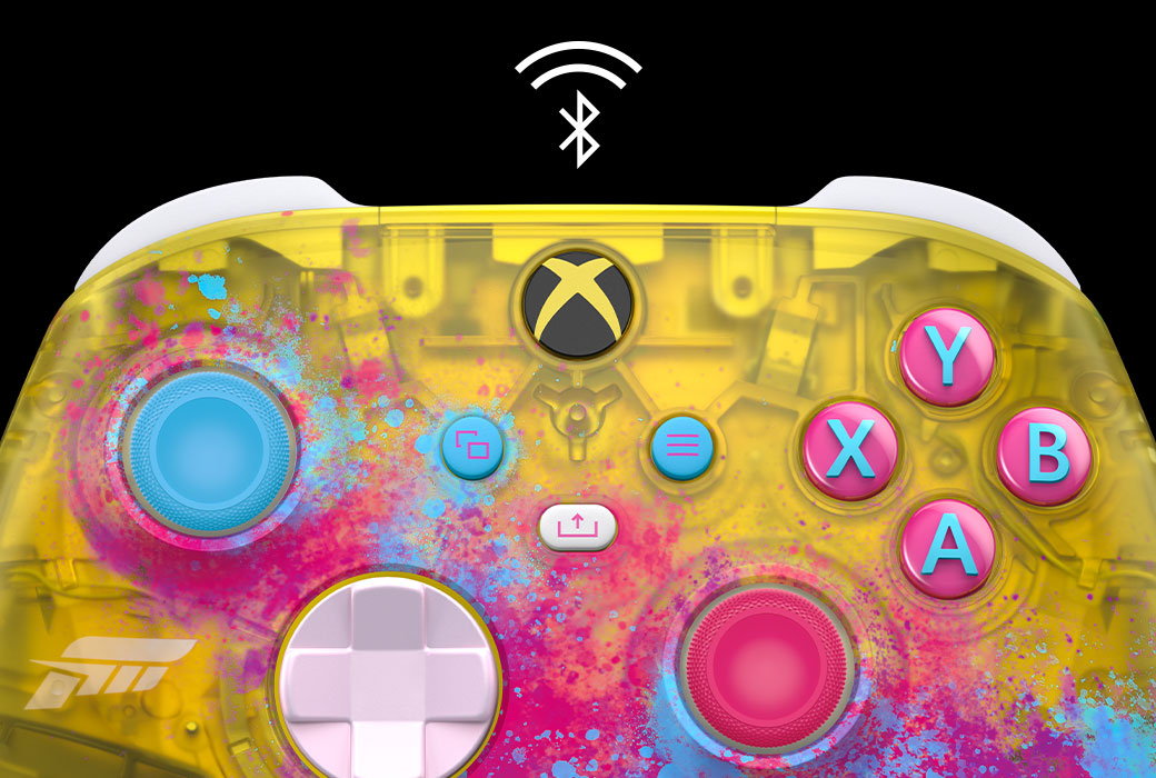 Крупный план беспроводного геймпада Xbox Forza Horizon 5 со значком Bluetooth
