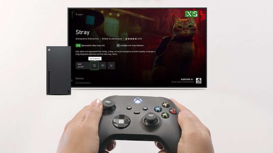 Animation of hands holding a controller while adding a game to their wish list and browsing other titles.