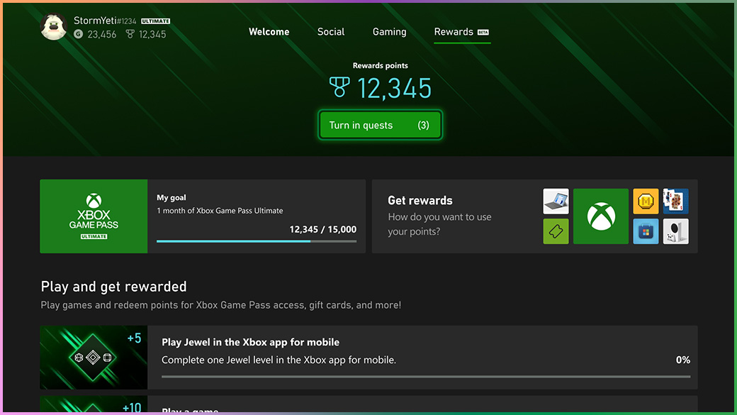 Xbox 上 Rewards 中心的畫面截圖。