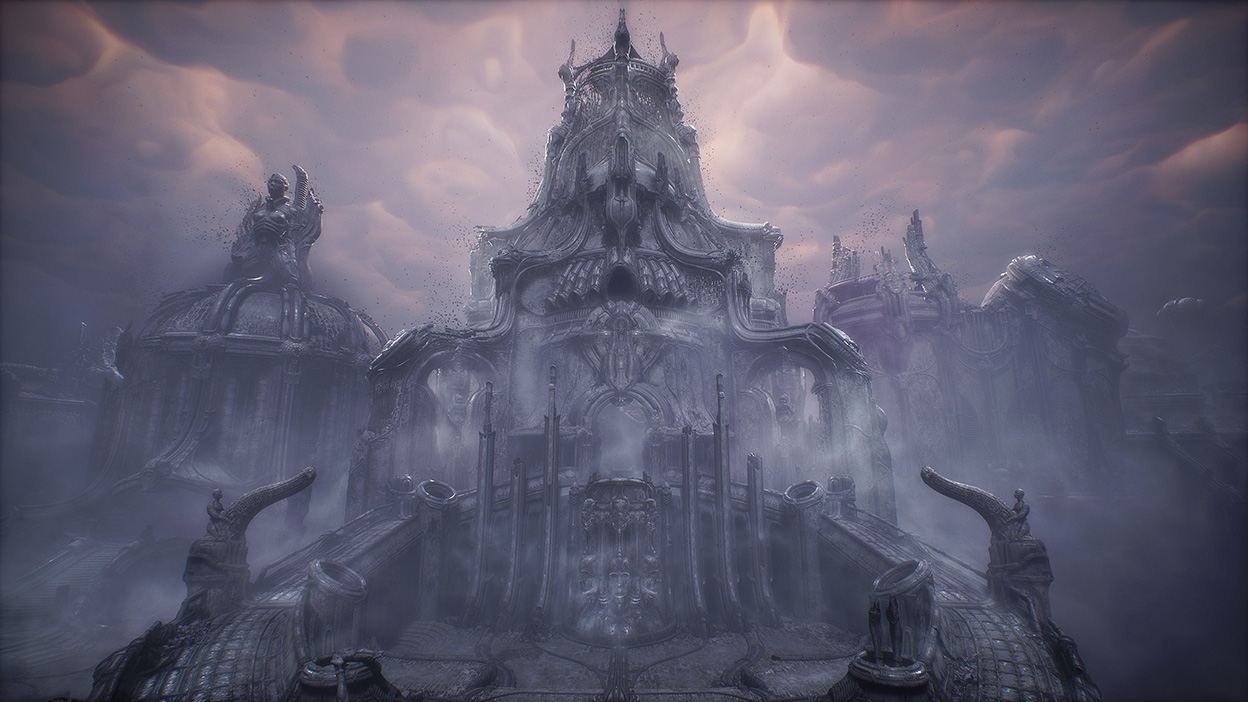 El polvo flota lejos de un imponente castillo adornado con estatuas deformes.