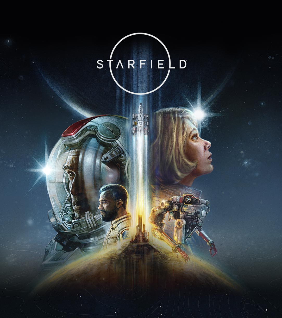 Four characters superimposed facing to the left and right side with a rocket ship taking off in the middle with a space background