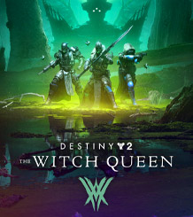 Destiny 2 The Witch Queen Três personagens com armadura e armas a caminharem num pântano com reflexos de muitas cores enquanto a Witch Queen paira em segundo plano.