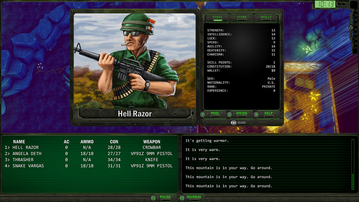 Screenshot dell'archivio dei personaggi con il personaggio Hell Razor che impugna una pistola e fuma una sigaretta