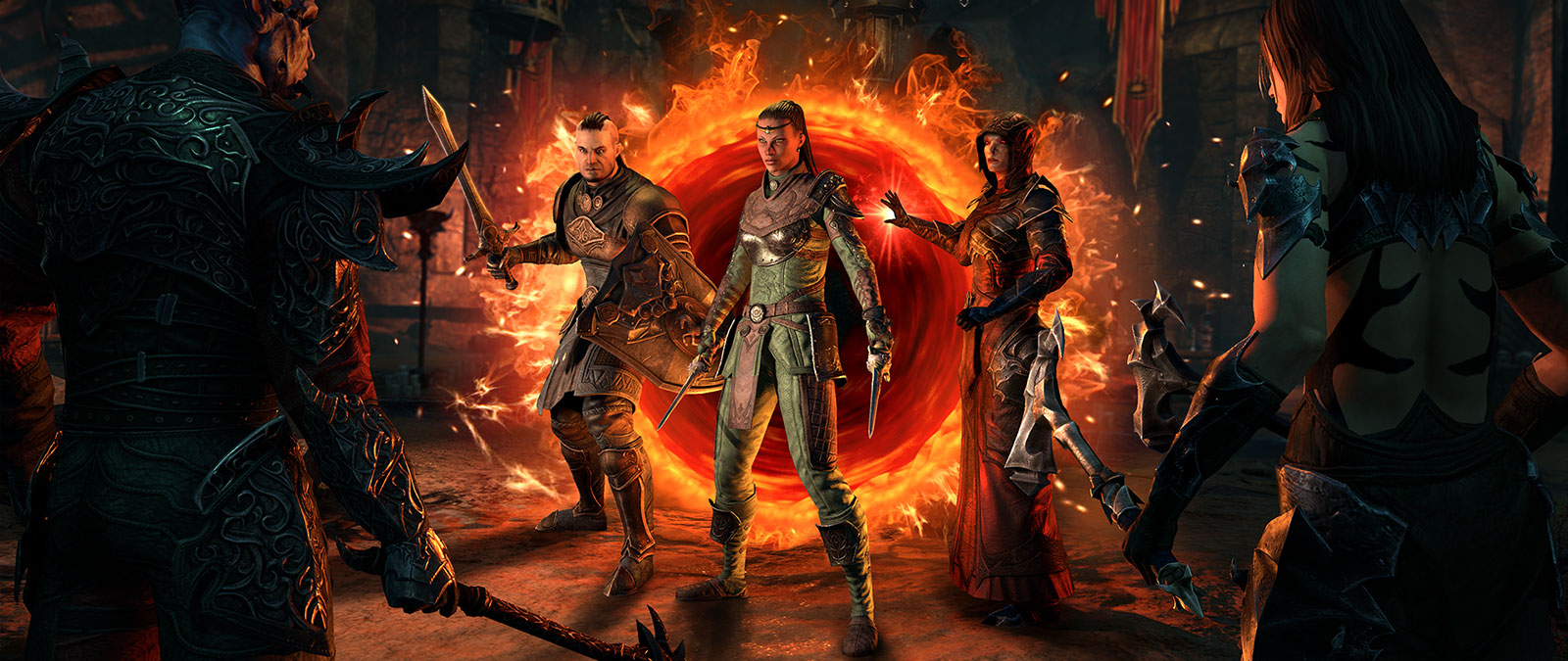 Two groups of characters draw their weapons and face each other in front of a flaming portal. 