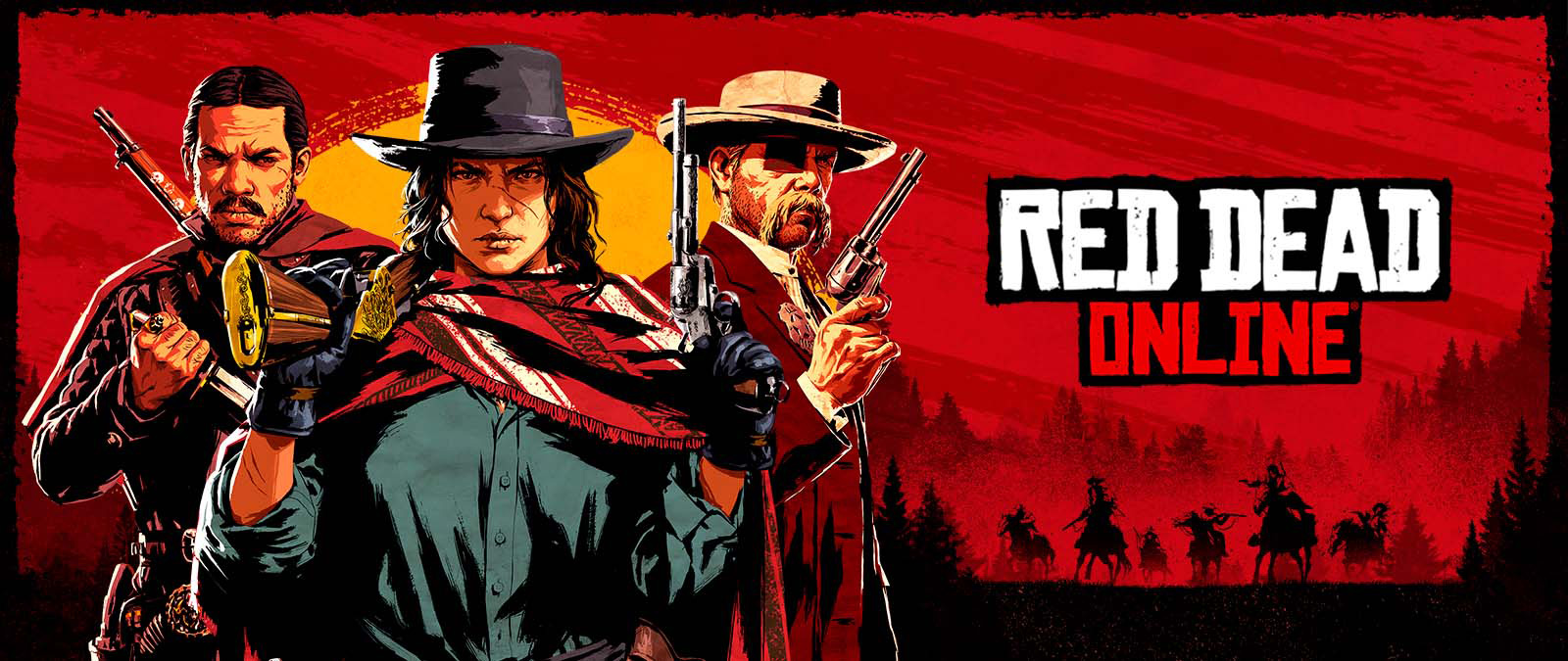 Red Dead Online. Tri postavy držiace zbrane pred západom slnka a tiene ďalších postáv na koňoch.