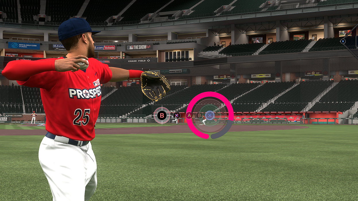 A man in a number 25 MLB Prospect uniform displaying the gameplay for pitching.