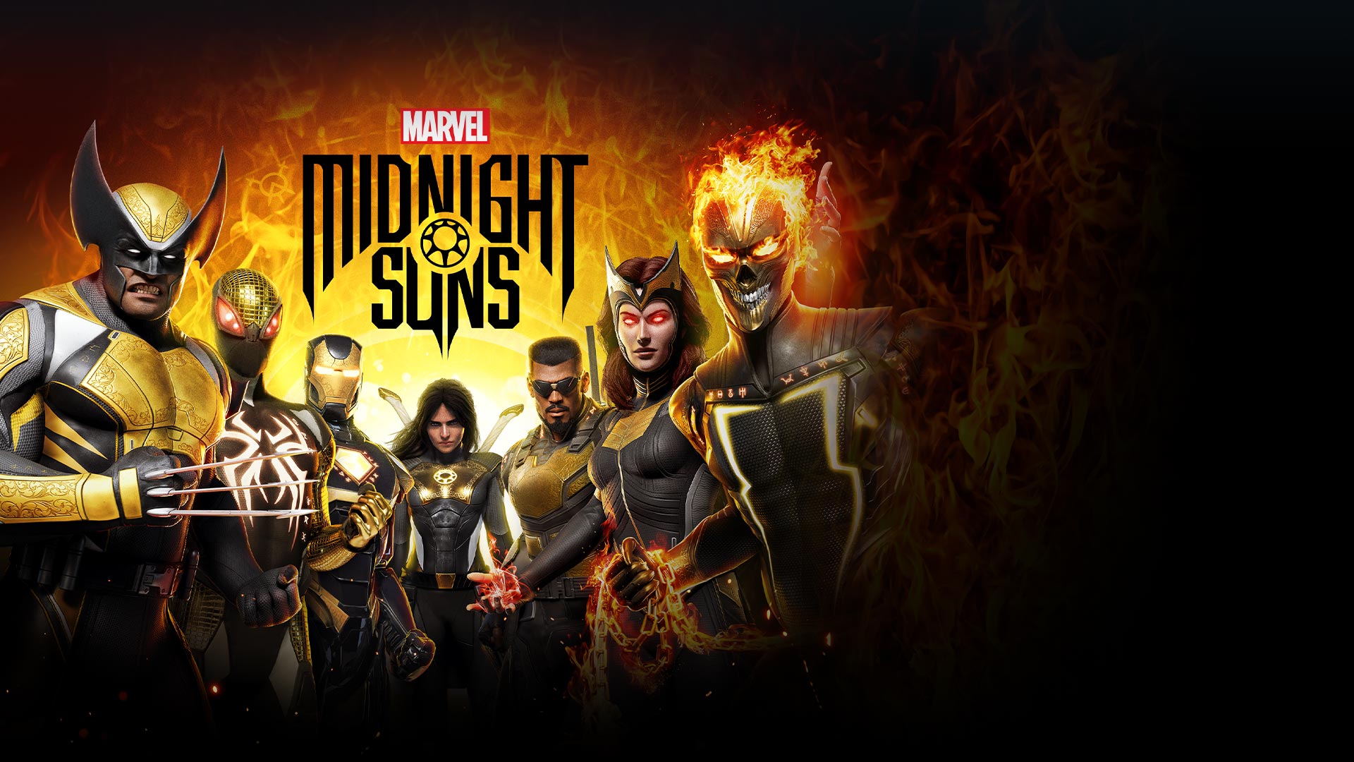 Marvel Midnight Suns, a group of super heroes including Wolverine, Ironman, Ghost Rider, and Blade.