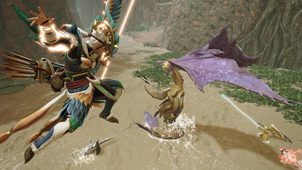 Un guerrero acrobático cae en el aire hacia un dragón que se para en posición defensiva.