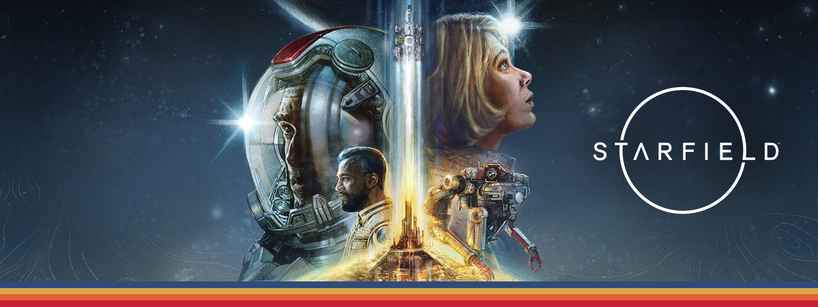 Starfield. Cuatro personajes superpuestos mirando hacia derecha e izquierda mientras un cohete despega en el medio con un fondo espacial.