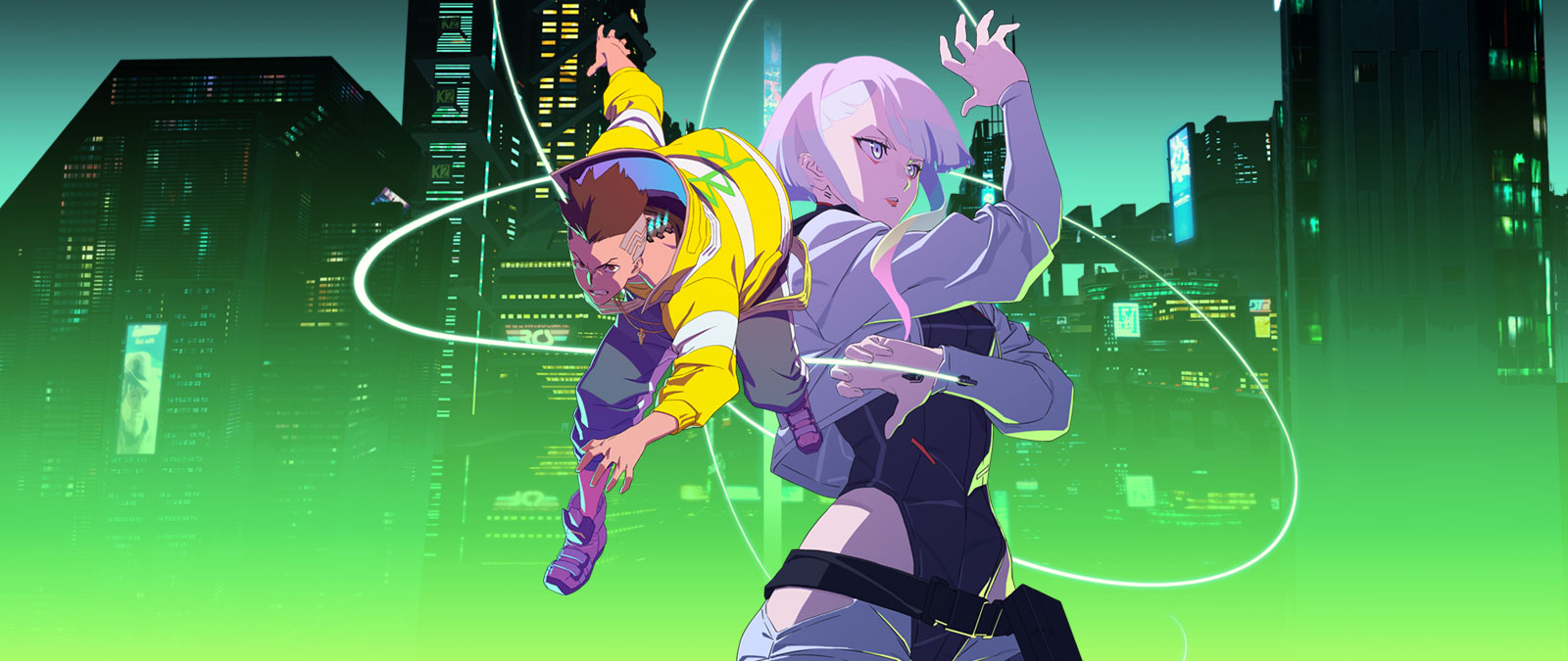 İki anime karakteri, Night City'de havada poz veriyor.