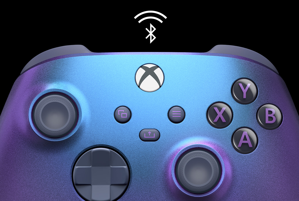 Vista en primer plano central del Control inalámbrico Xbox: Edición especial Stellar Shift con un logotipo de Bluetooth