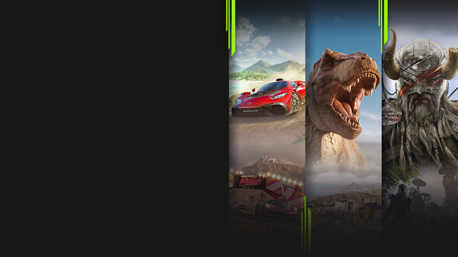 Game art from multiple games available now with Xbox Game Pass including Forza Horizon 5, Jurassic World Evolution 2, The Elder Scrolls Online, and Halo Infinite.