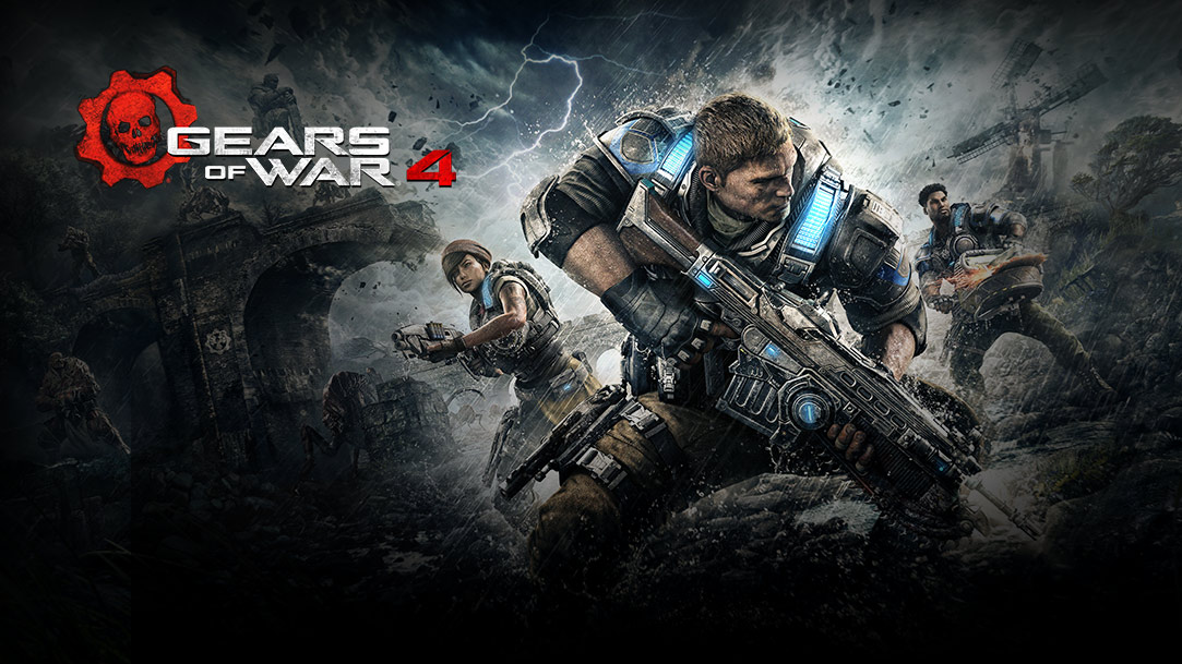 Gears of War 4: JD, Del and Kait fighting off a horde in the middle of a brutal lightning storm