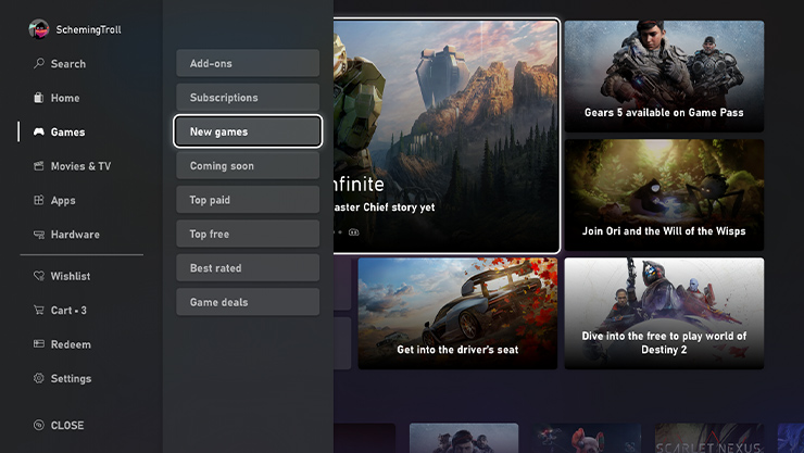 Képernyőkép a Microsoft Store játékokat tartalmazó szekciójának kezelőfelületéről.