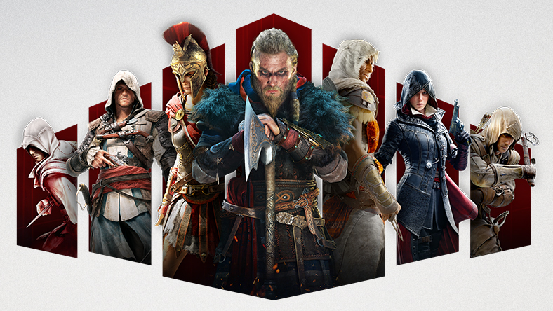 Character art from games that are part of the Assassins Creed Publisher Sale, including Assassin's Creed® Valhalla, Assassin’s Creed® Odyssey, and Assassin's Creed® Origins - GOLD EDITION.
