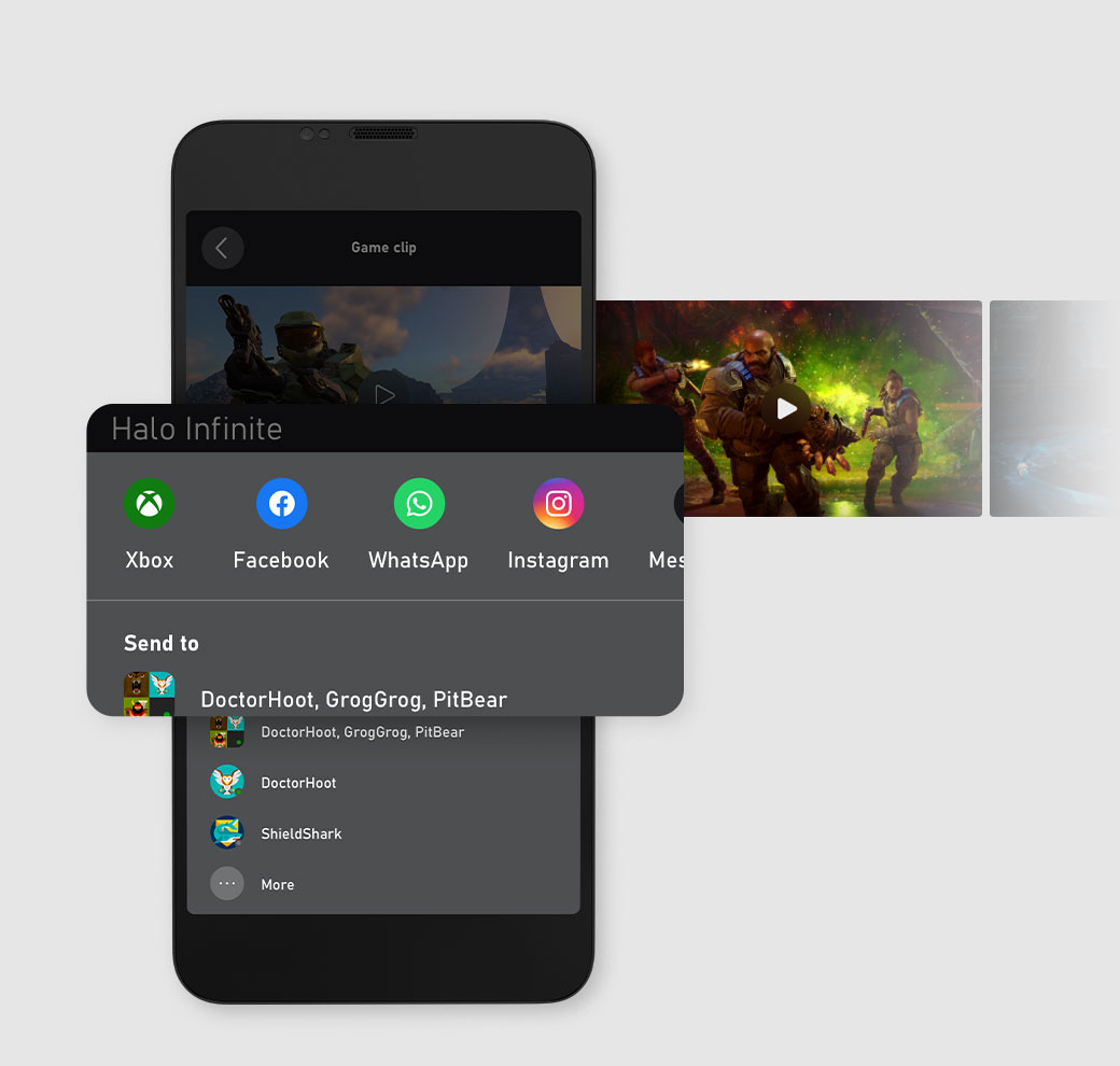 En skärmdump av delning i Xbox -applikationen, med en nära bild av delningsalternativ: Xbox, Facebook, WhatsApp, Instagram och mycket mer