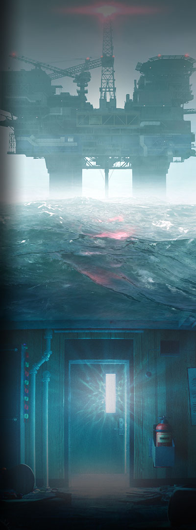 Still Wakes the Deep game panel featuring an oil rig in the ocean and a glowing mysterous door. 