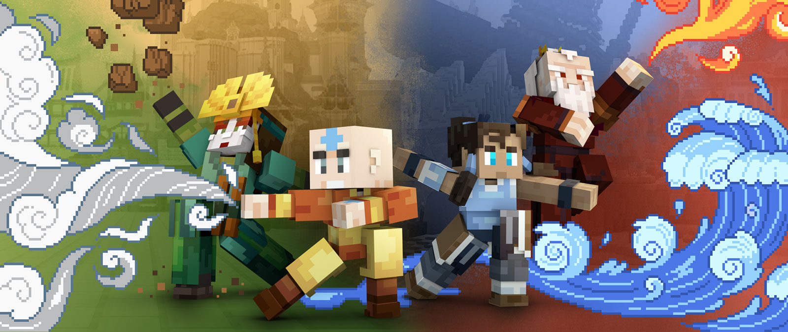 Minecraft versions of Aang, Korra, an earth bender and fire bender pose together, demonstrating their elemental powers.