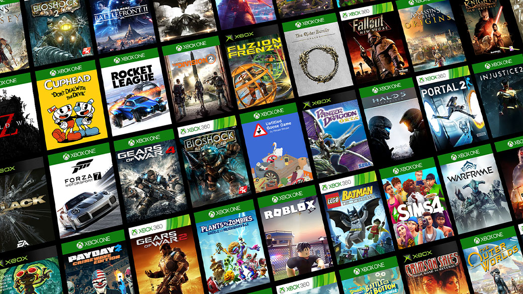 Ett kollage av spelförpackningar från klassiska Xbox, Xbox 360 och Xbox One