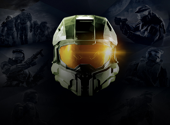 Frontansicht des Helms von Halo Master Chief vor dem Hintergrund von Kampfszenen.