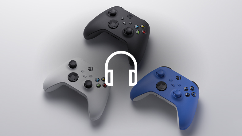 Three generation nine Xbox controllers with a headphone icon