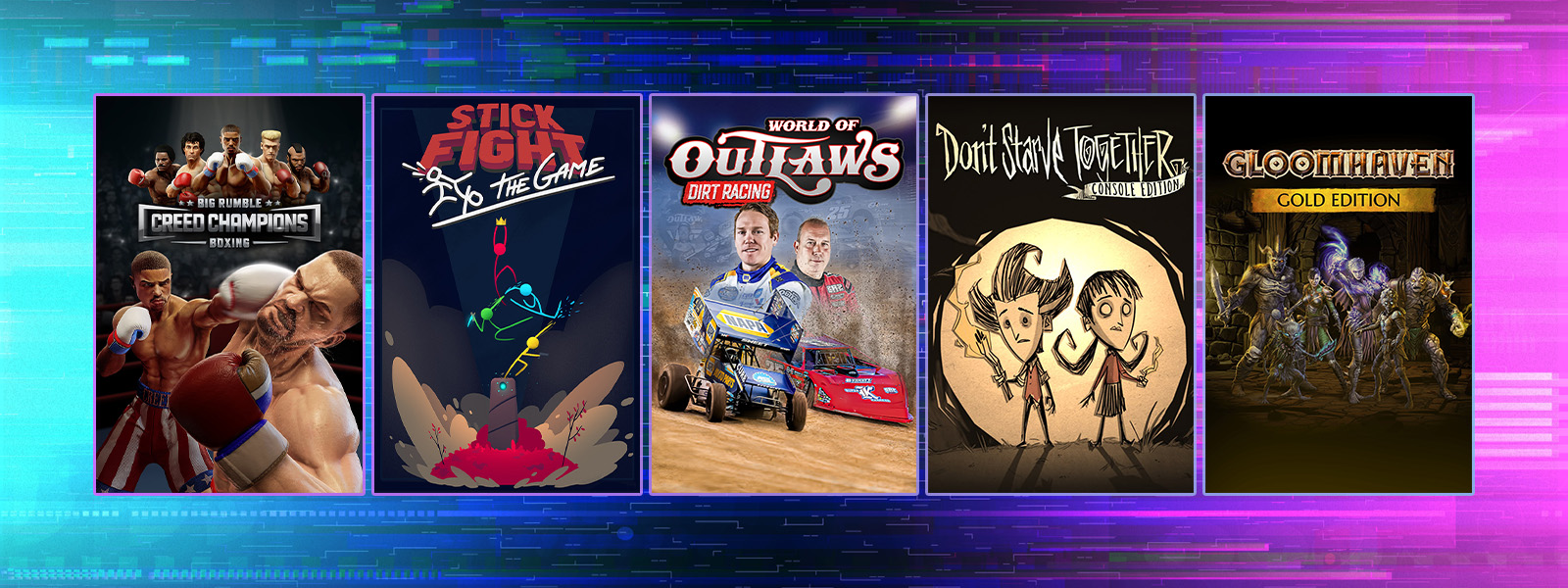 Box art of games that are a part of the ID@Xbox Multiplayer Sale, including World of Outlaws: Dirt Racing, Stick Fight: The Game, and Don't Starve Together: Console Edition.