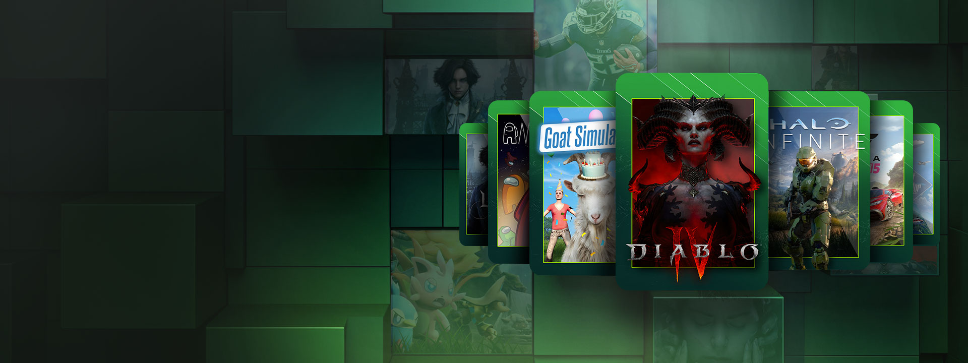 Games including Diablo IV, Goat Simulator, and Halo Infinite shown as playing cards with a green border, over a background of green abstract boxes