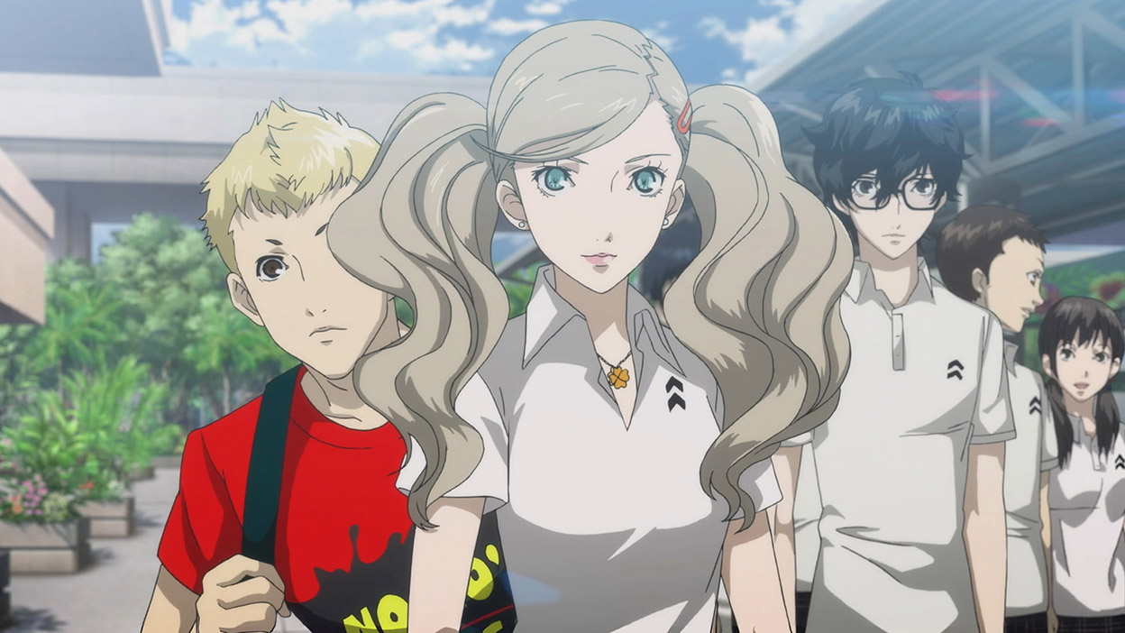 Joker et ses amis, tous en uniformes sauf un, marchent ensemble dans leur campus.
