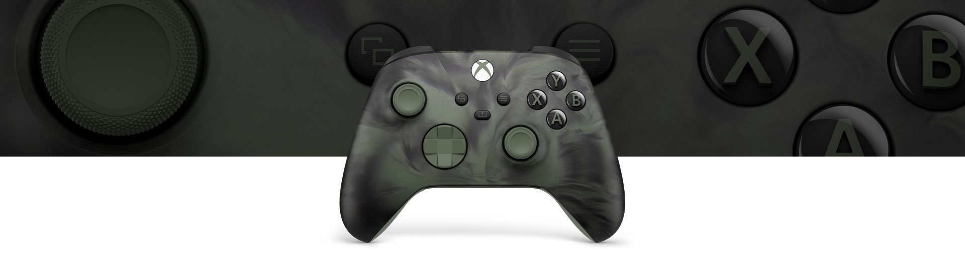 Ansicht des Xbox Wireless Controller – Nocturnal Vapor Special Edition von vorn mit Nahaufnahme im Hintergrund.