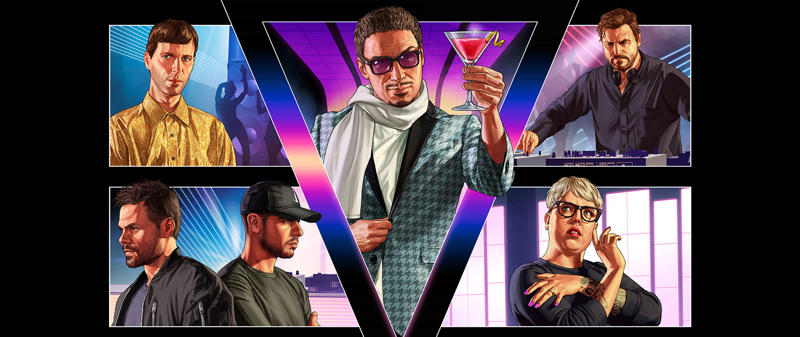 Grand Theft Auto Online After Hours, Collage of multiple characters in a nightclub.