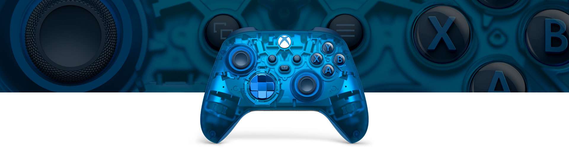 Ansicht des Xbox Wireless Controller – Sky Cipher Special Edition von vorn mit Nahaufnahme im Hintergrund.