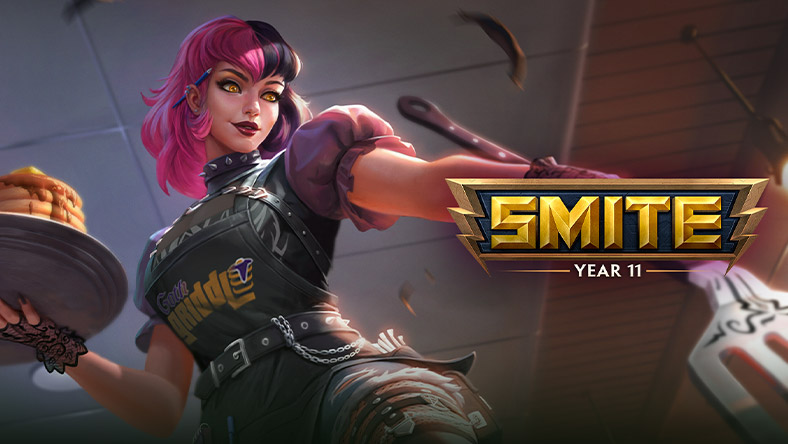 SMITE, Year 11, The Morrigan in Goth Gourmet skin holding a tray of pancakes