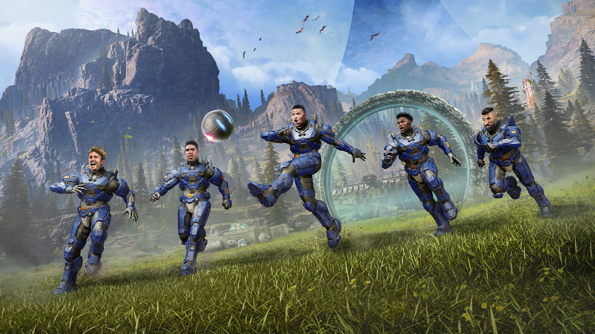 Plusieurs joueurs de l'équipe de France de football, équipés en Armure de Spartan, tapent dans un ballon sur l'anneau de Halo Infinite.