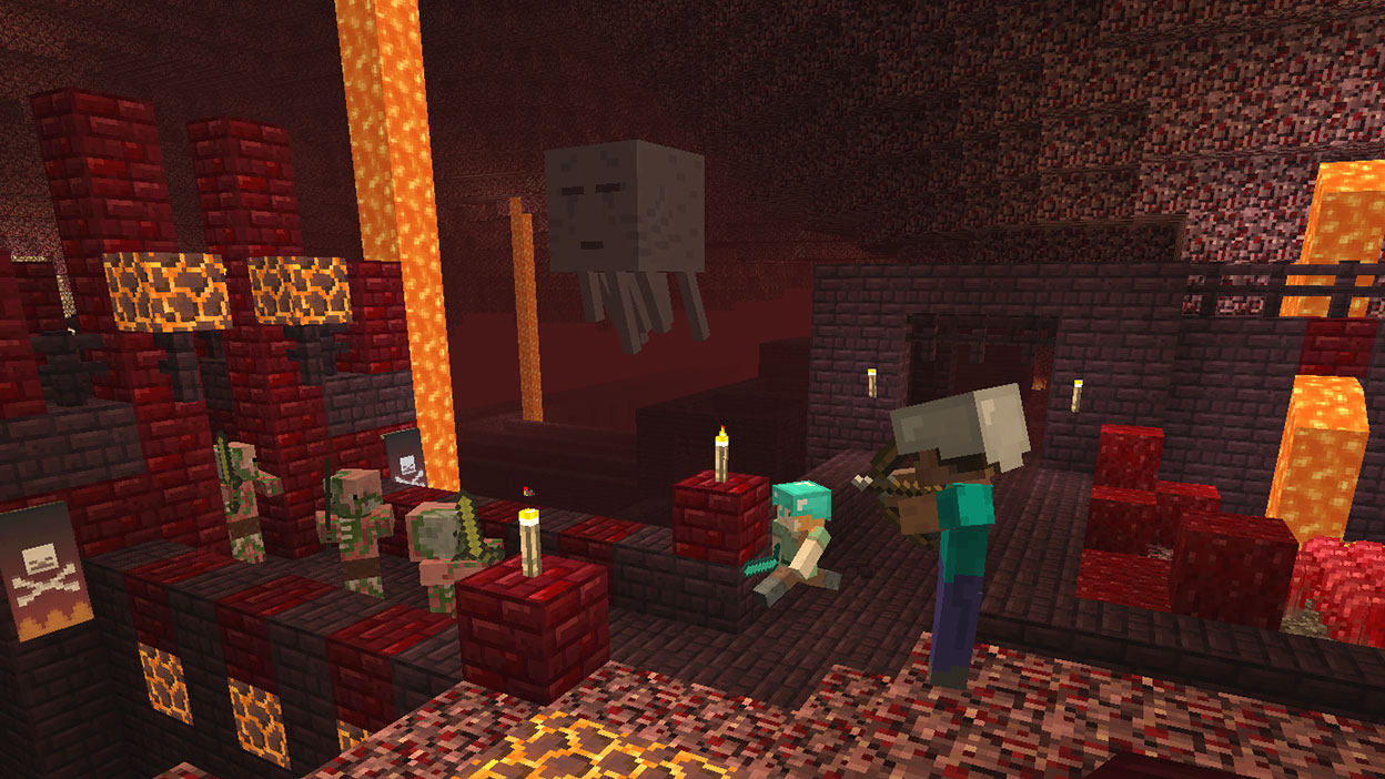 Two player characters engaged in battle with zombie pigmen.