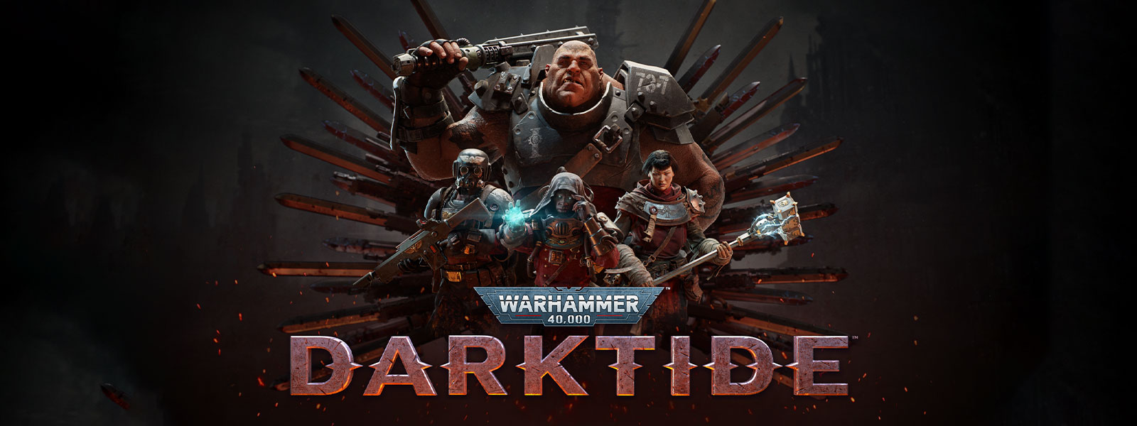 Warhammer 40,000: Darktide, 무장한 캐릭터 분대가 블레이드 모티브 앞에서 포즈를 취하고 있습니다.