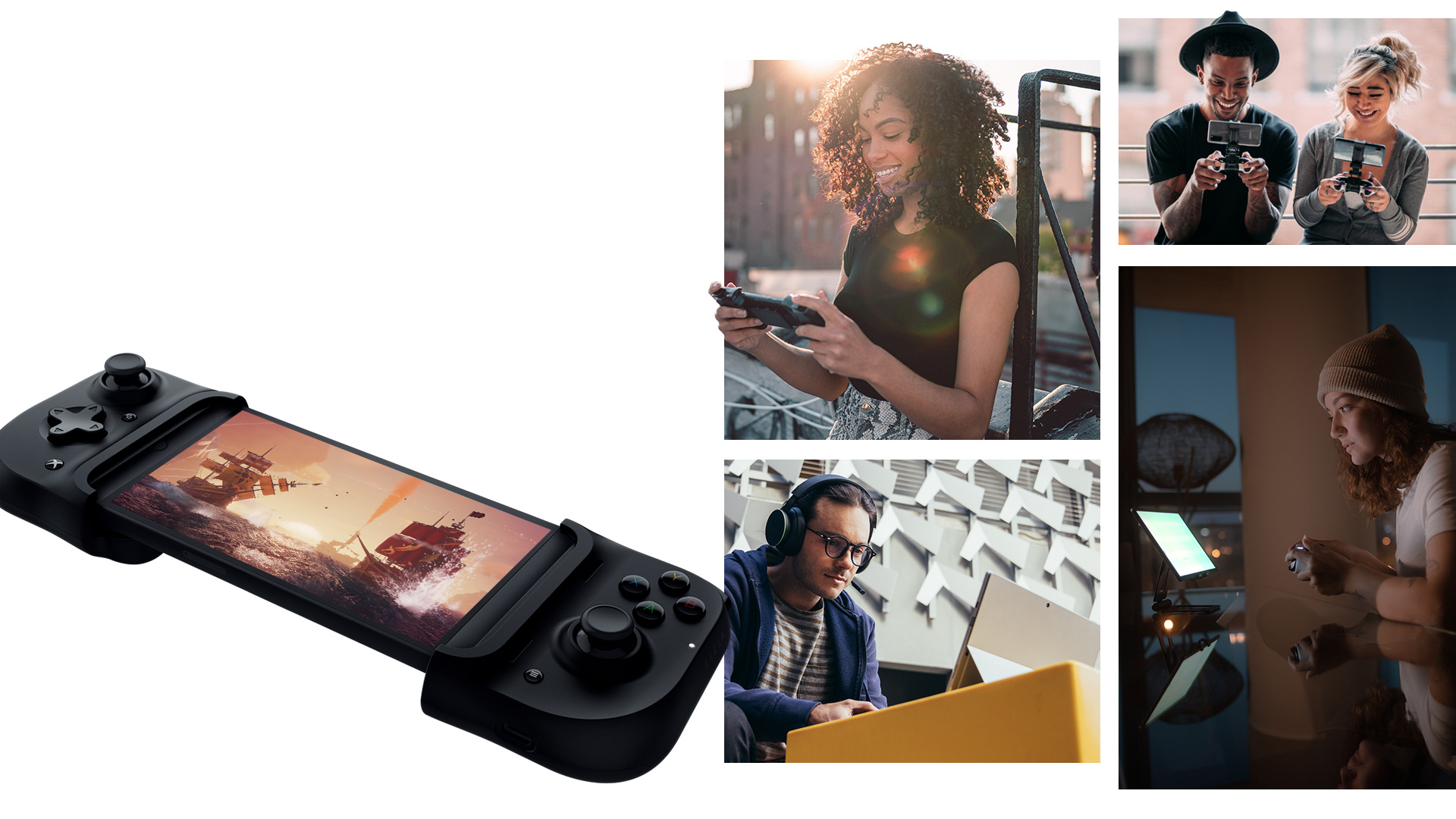 Personer som spelar på olika enheter, däribland en bärbar Surface-dator, en Xbox Series S, en surfplatta och en telefon.