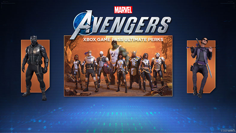 Marvel’s Avengers: Marvel Logo, Avengers Logo, Xbox Game Pass Ultimate Perks, Various Avengers characters including Black Panther and the Hulk.